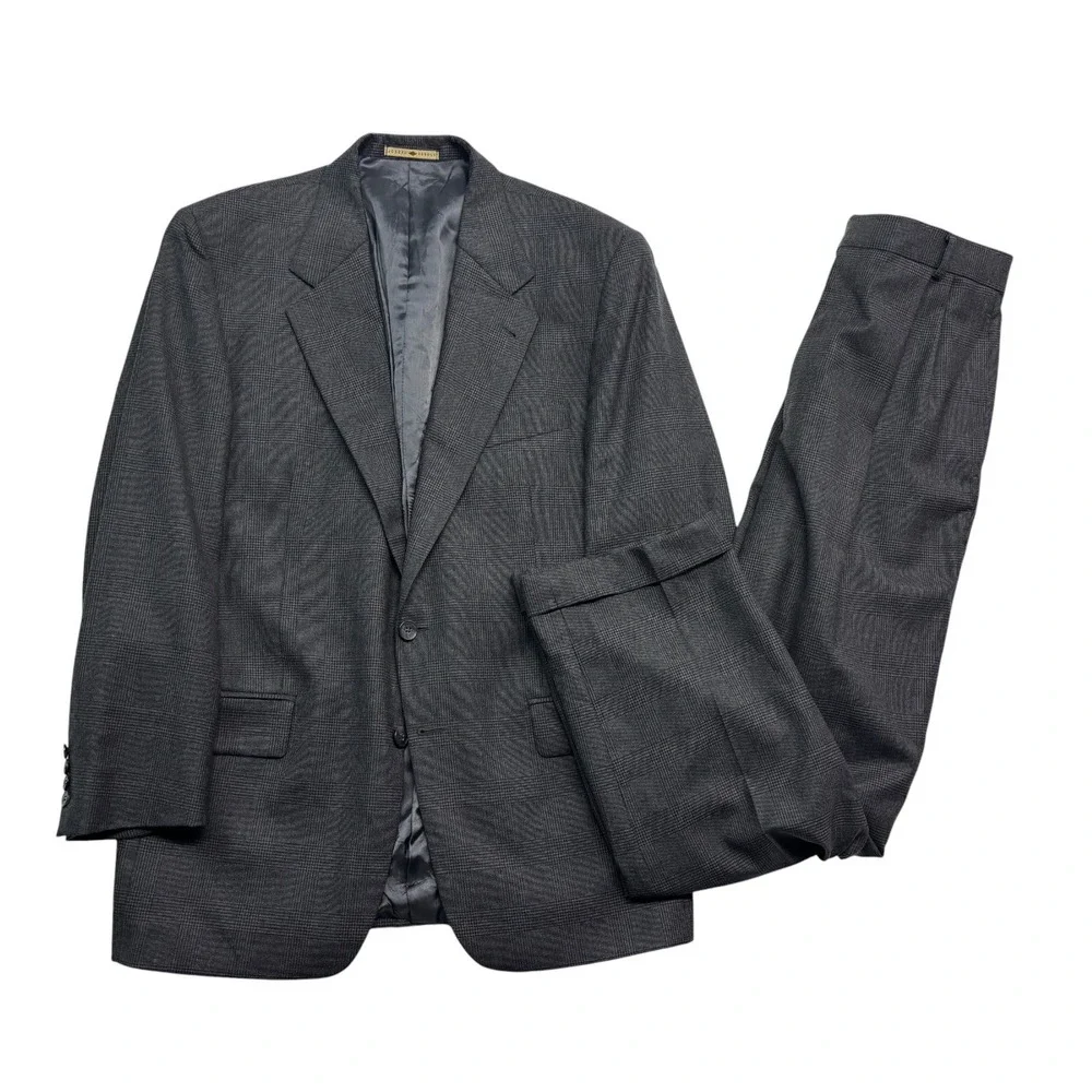 vtg 90s Joseph Abboud 40R 32x32 Gray Glen Plaid 2pc Pant Suit Wool USA Pleated